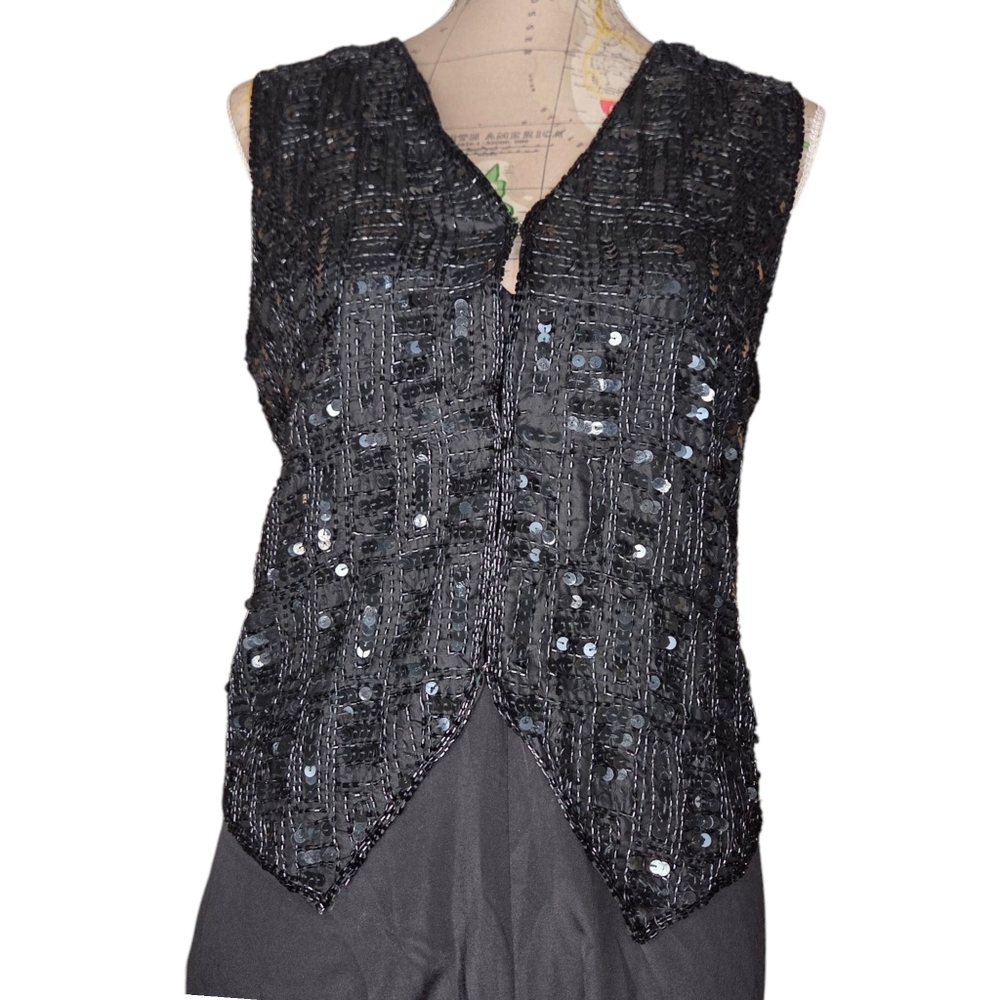 Vintage 80s SWEET SUE Size Medium Black Hand-Sewn Sequin Silk Vest Dark Fairy
